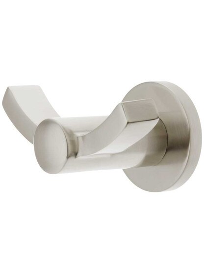 Modern Brass Double Hook with Small Disc Rosette in Satin Nickel.